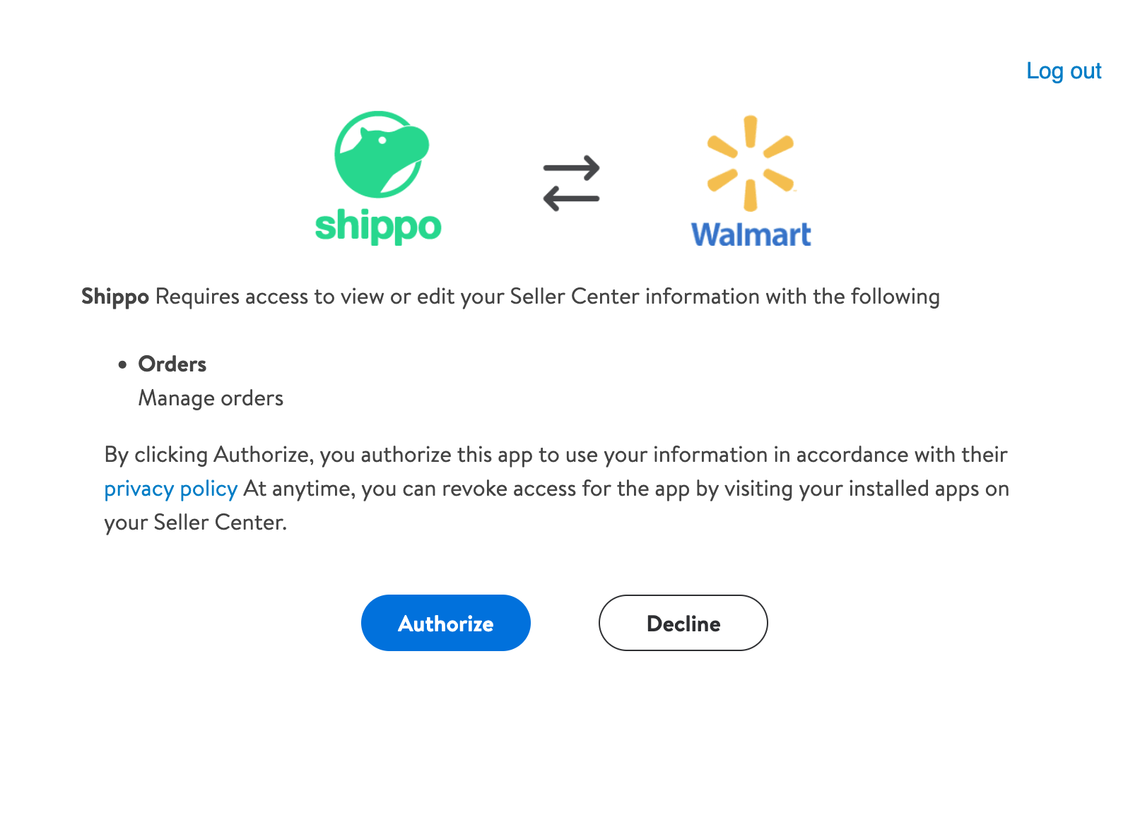 Walmart Authorize page
