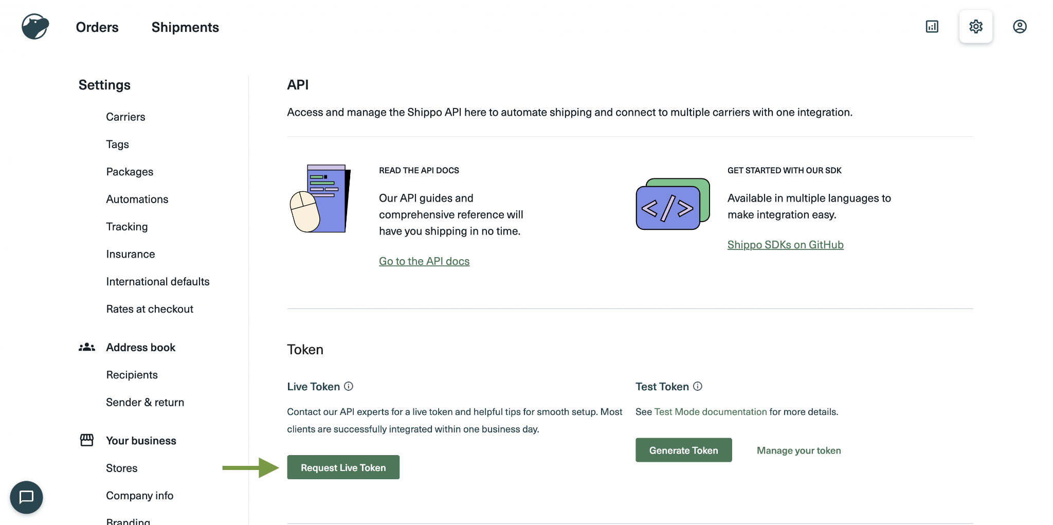 The API tab in Shippo Web App settings, with the Request Live Token button in the Live Token section highlighted by an arrow.