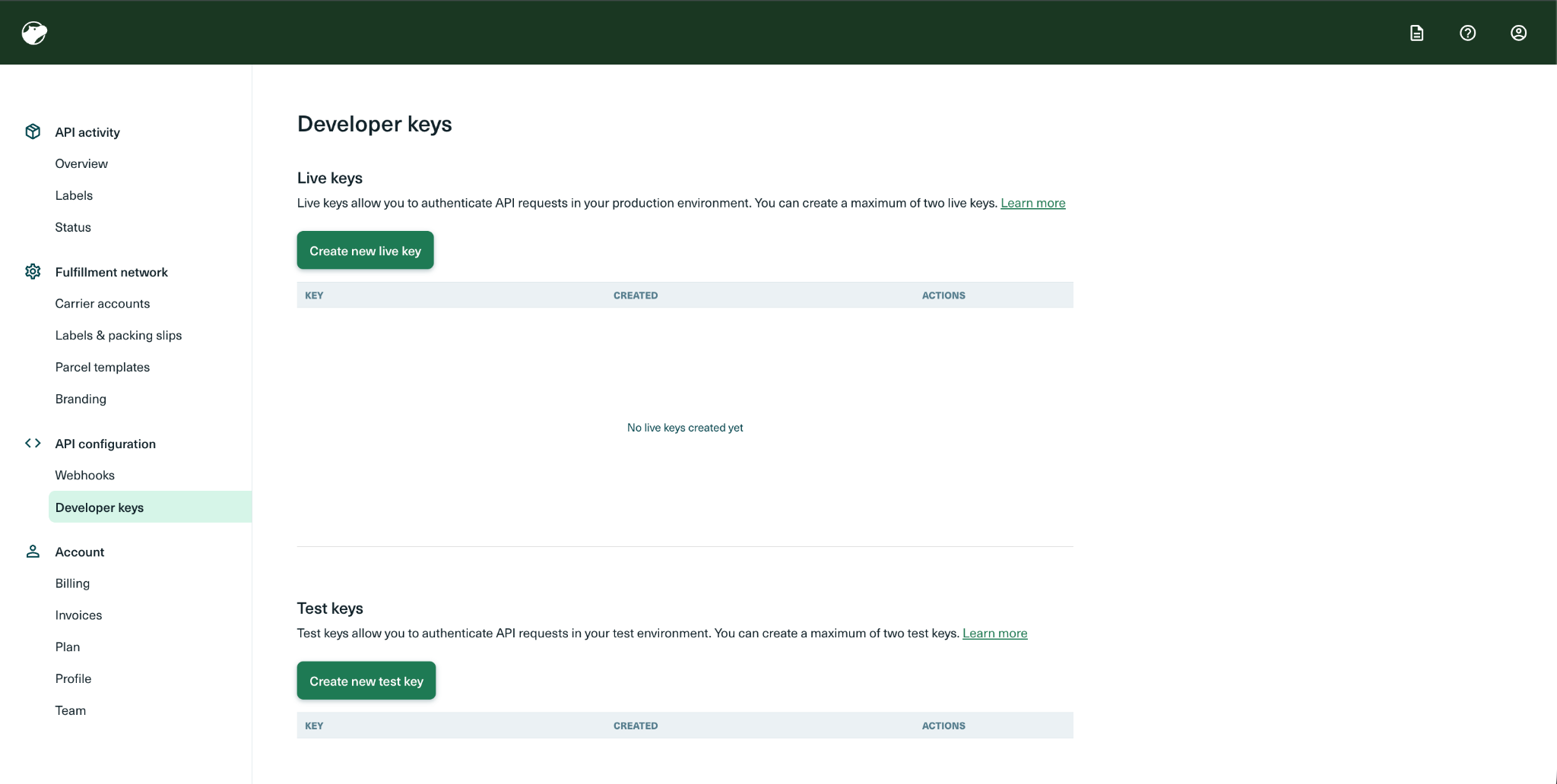 The Developer keys page in the Shippo API Portal, showing the Live keys and Test keys sections, each with a button to create a new key.